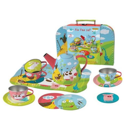Simply for Kids Teeservice aus Metall im Koffer mit Bauernhoftieren, 15-teilig