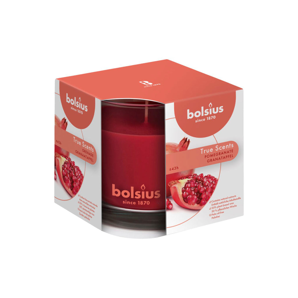 Vela perfumada de Bolsius en granada de vidrio 95x95 verdaderos aromas