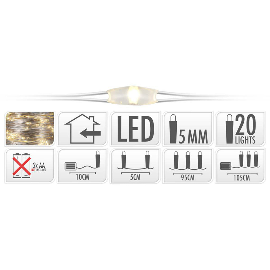 S.i.a. Silberdraht, batteriebetriebene Weihnachtsbeleuchtung, 95 cm, 20 LED-Lichter