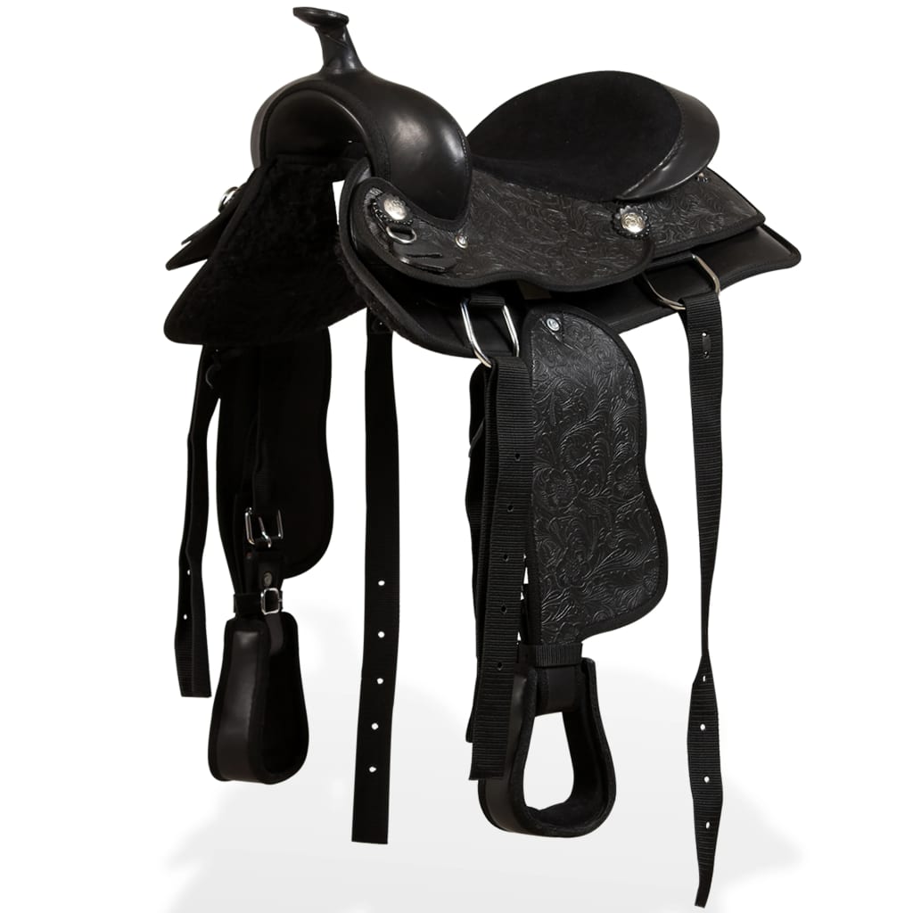 Vidaxl Western Saddle, Bridle and Bustlem 13 Real Leather Black