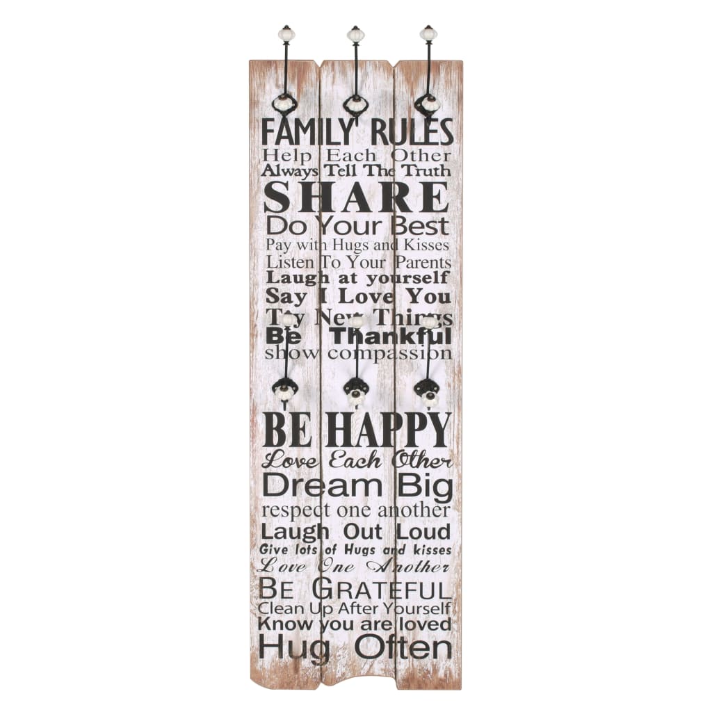 Vidaxl Wall Coat Rack med 6 Hooks Family Rules 120x40 cm