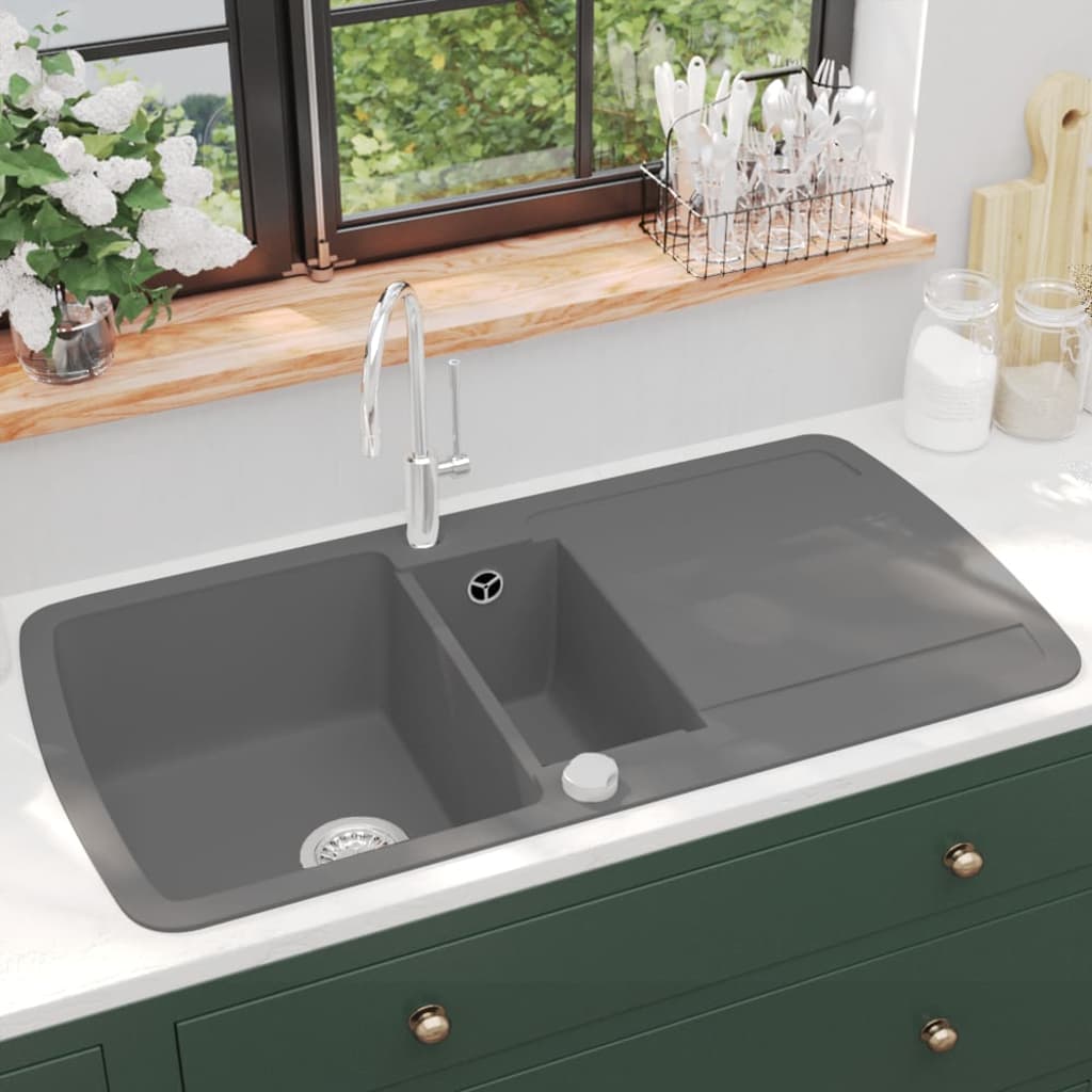 Vidaxl Sink Double Bowl Granite Grey Grey