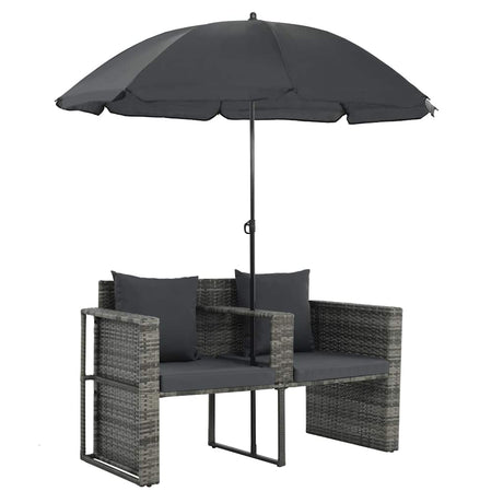 Vidaxl tuinbank 2-zits met kussens en parasol poly rattan grijs