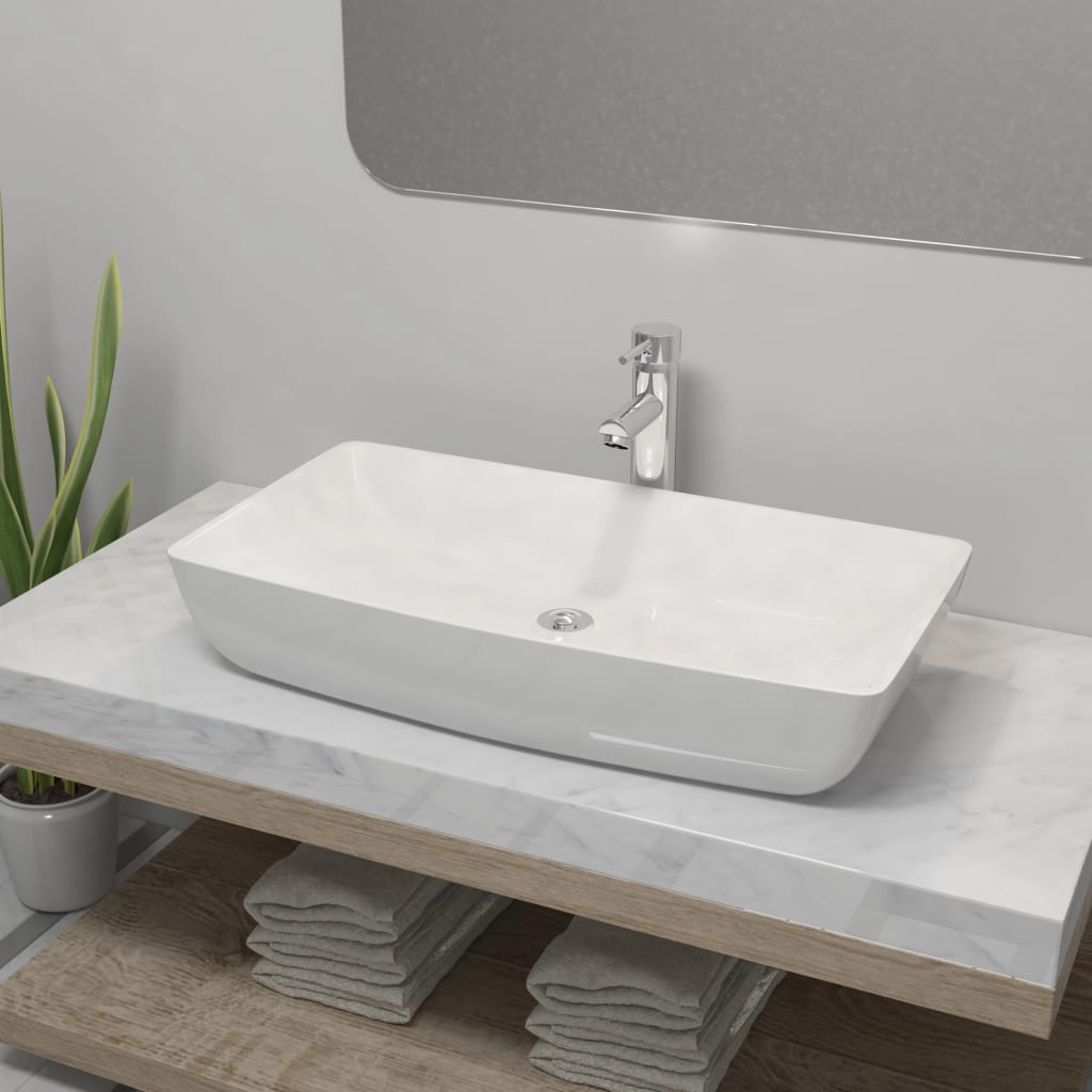 Vidaxl badeværelse Washbasin med mixer rektangulær keramisk hvid