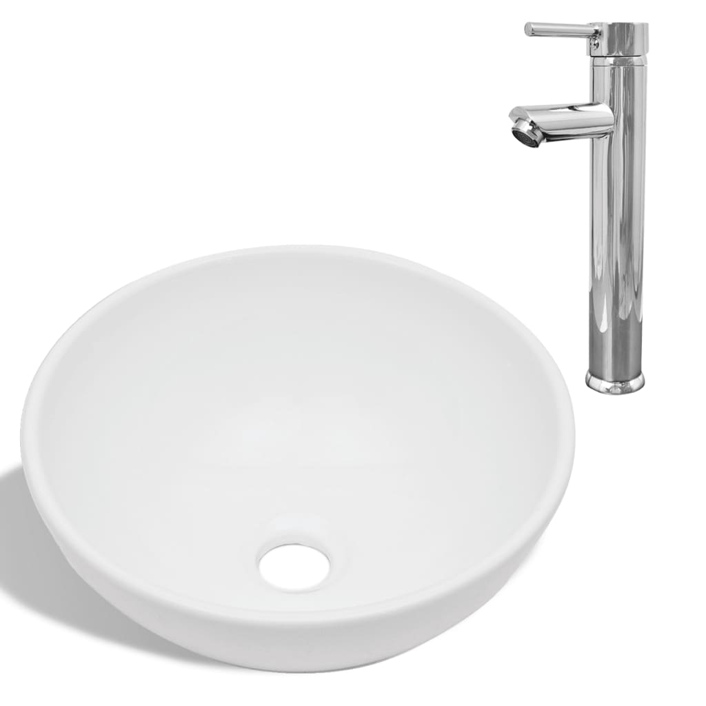 Vidaxl Badrum WASHBASIN MED Mixing Tap Round Ceramic White