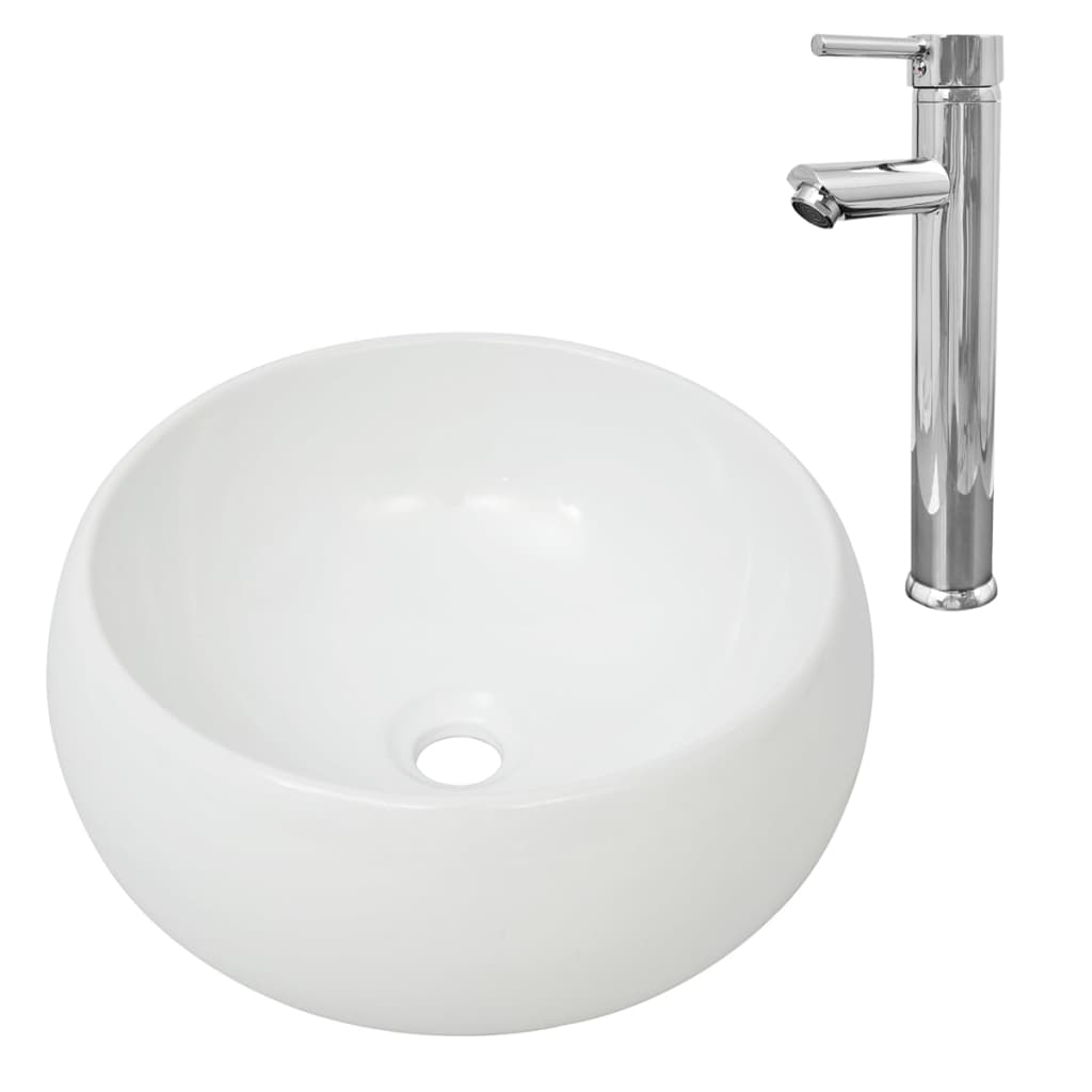 Vidaxl Buedzëmmer Washbasin mat Mixen Tap Ronn Keramik wäiss