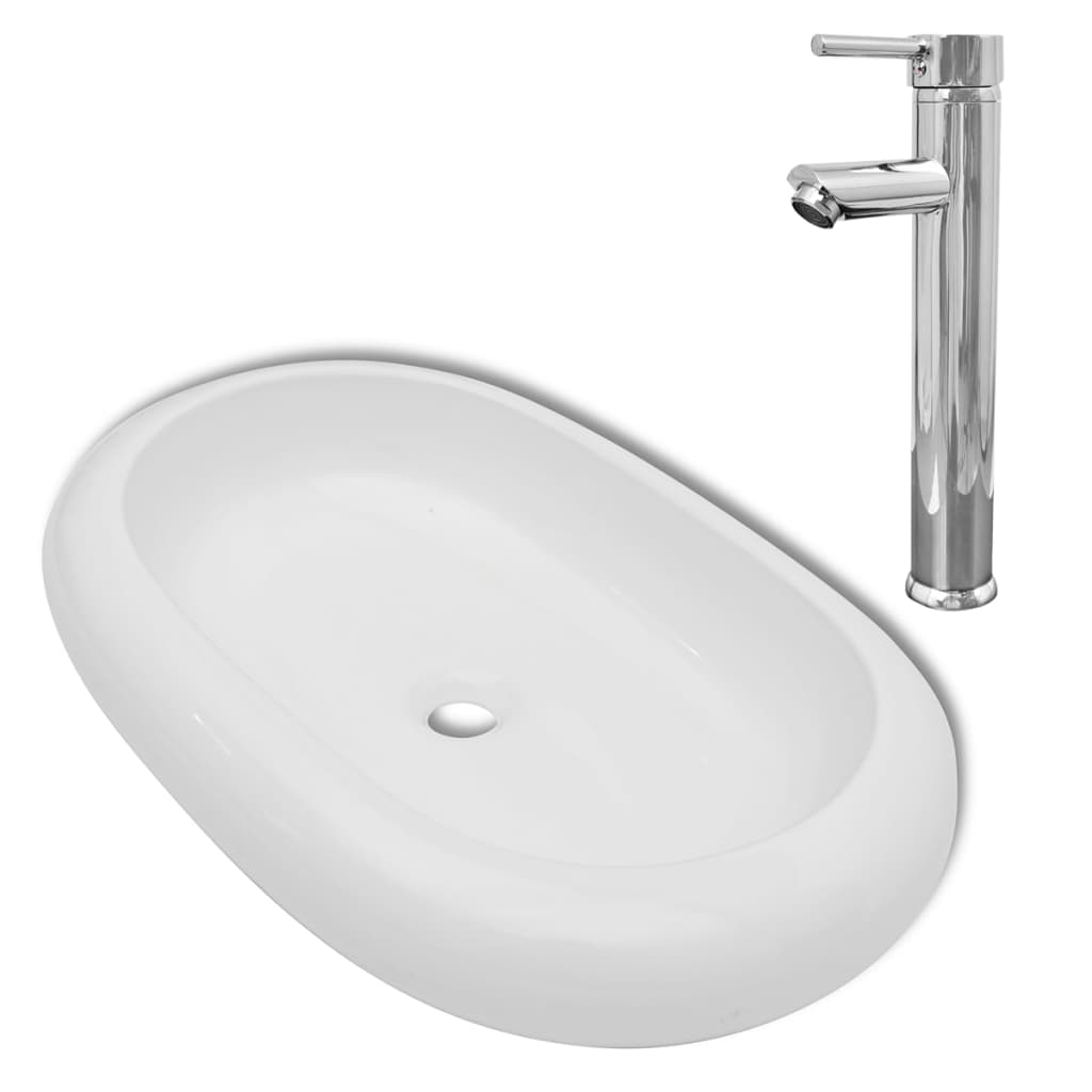 Vidaxl badeværelse Washbasin med blanding af hanen oval keramisk hvid