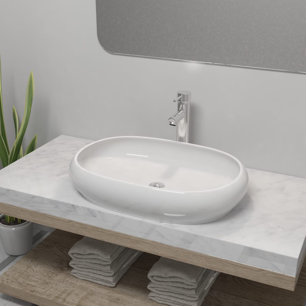 Vidaxl Badrum WASHBASIN MED Mixing Tap Oval Ceramic White