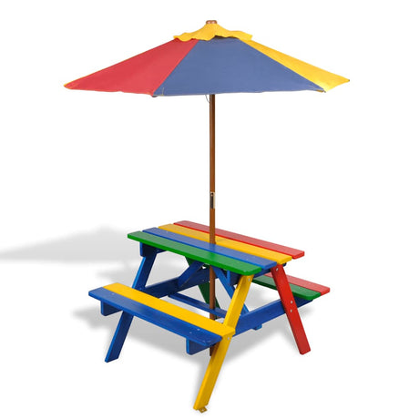 Vidaxl kinderpicknicktafel met banken en parasol hout meerkleurig