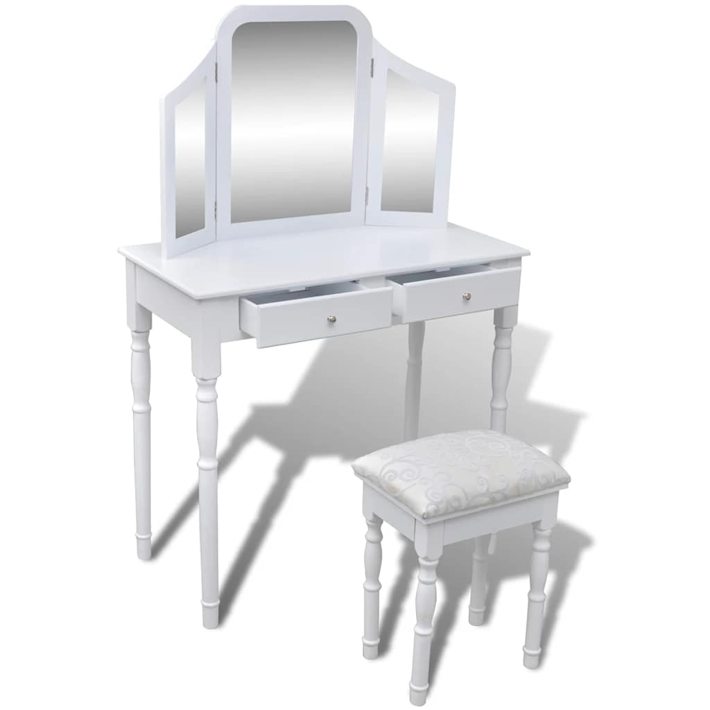 Vidaxl kaptafel met 2 lades, 3-in-1 spiegel en krukje wit