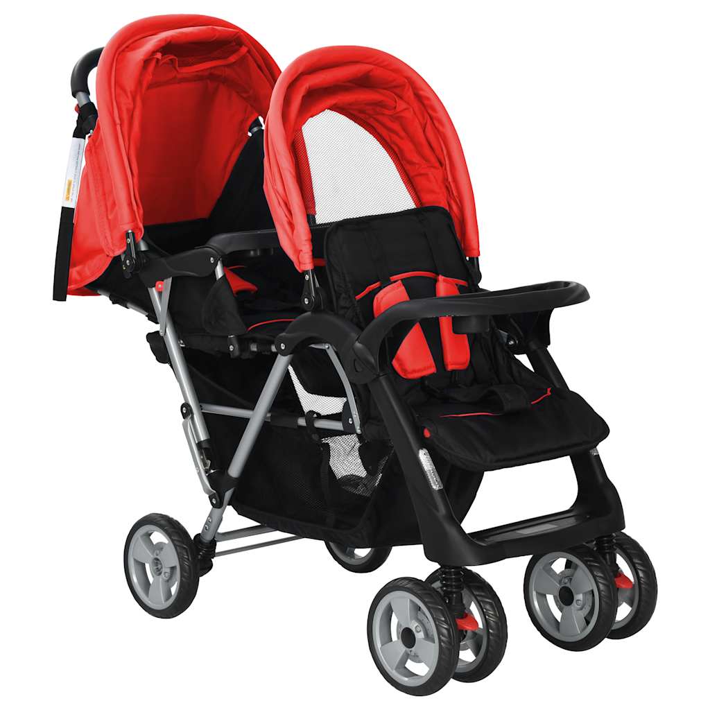 Vidaxl Pram Double Steel Red and Black