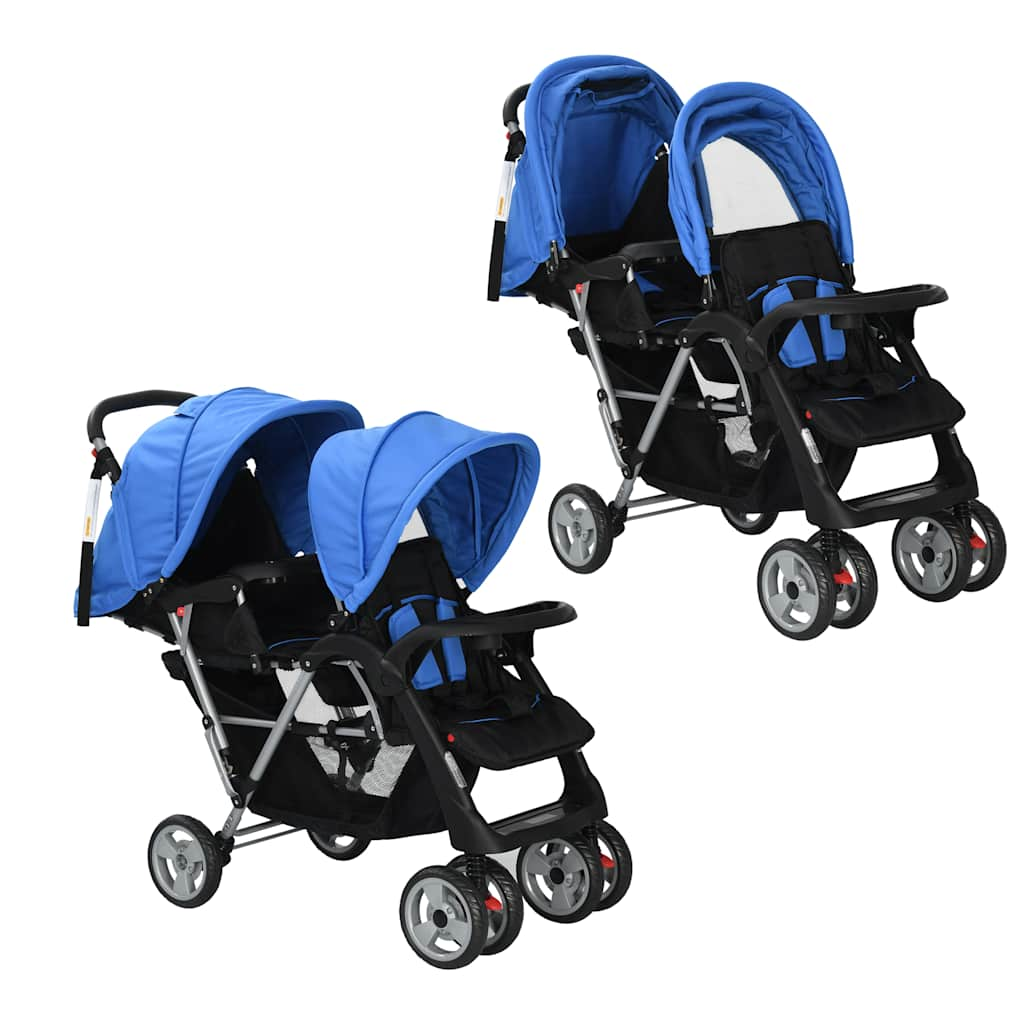 Vidaxl passeggino doppio in acciaio blu e nero