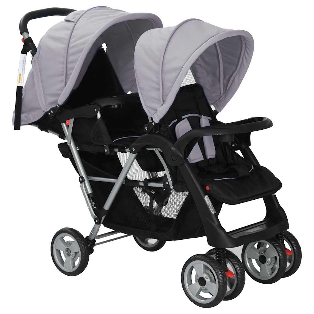 Vidaxl Pram Double Steel Grey and Black