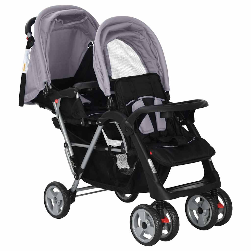 Vidaxl Pram Double Steel Grey and Black