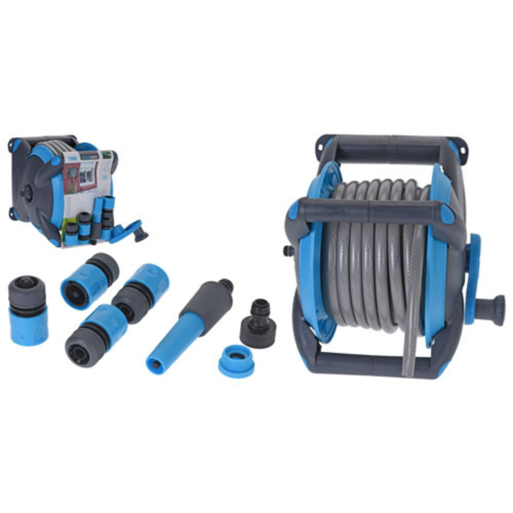 Pro garden garden tuinslang met houder 15 m blauw grijs