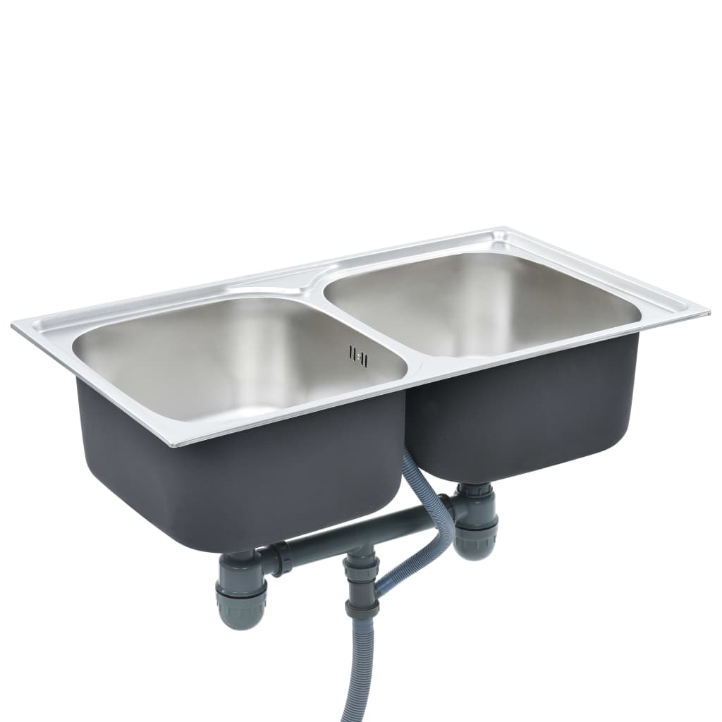 Vidaxl sink double bowl with drain and swan neck stainless steel