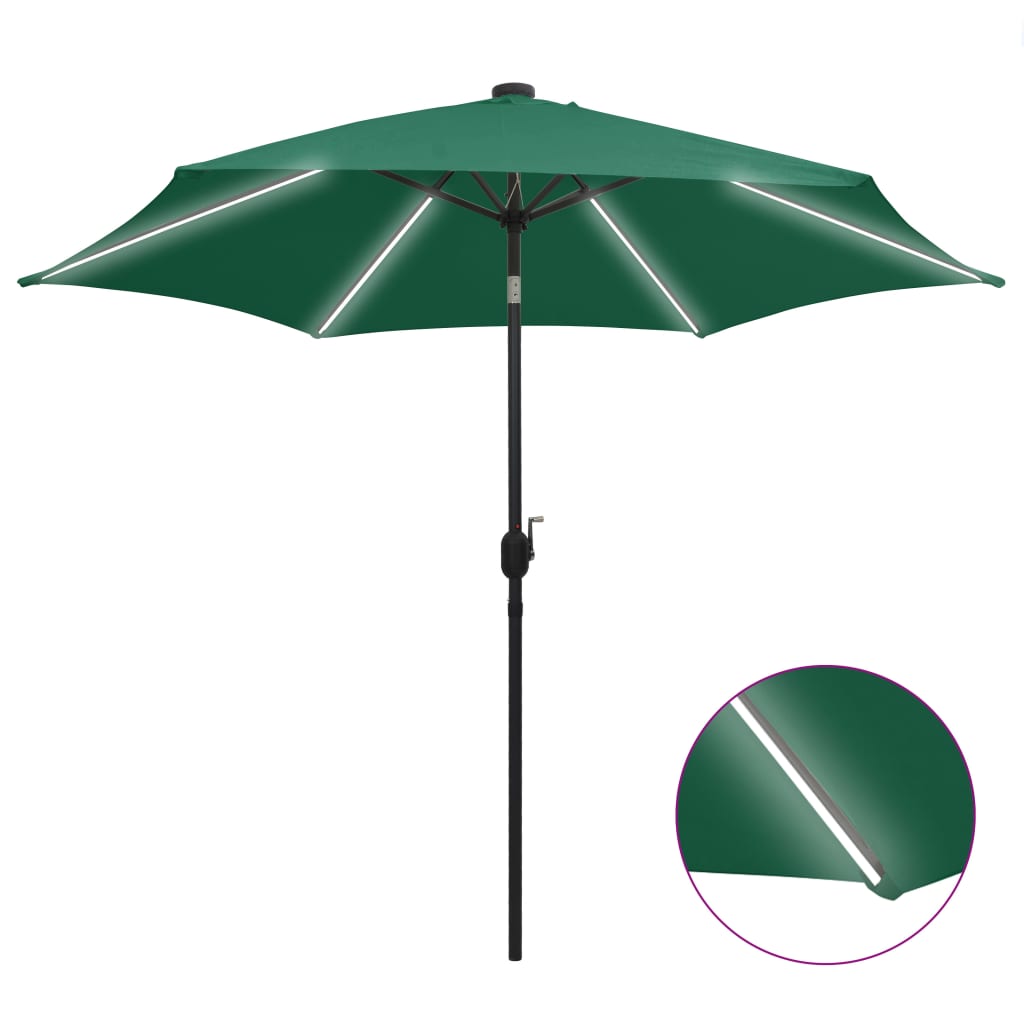 Parasol Vidaxl con iluminación LED y polo de aluminio de 300 cm verde