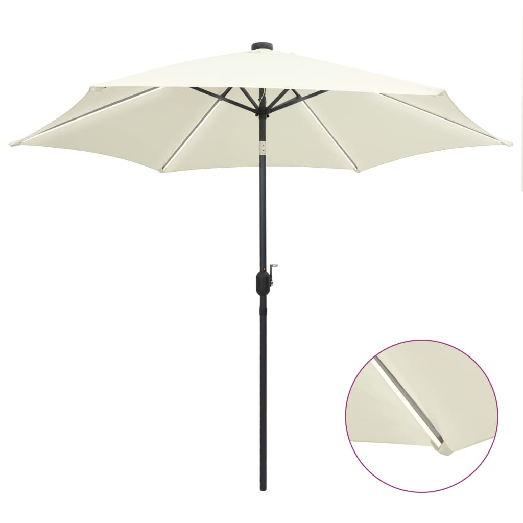 Vidaxl Parasol con illuminazione a LED e polo in alluminio 300 cm bianco sabbioso