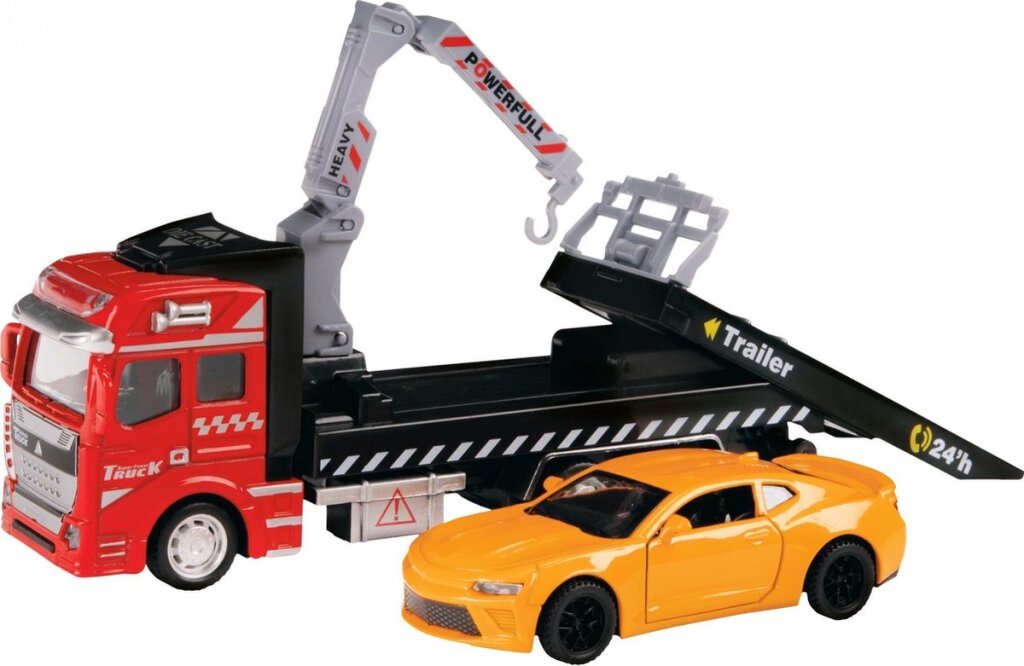 Toi-Toys tow truck with car red orange metal