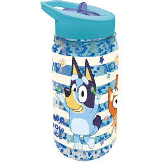Stor bluey Tritan-Trinkflasche – 330 ml – mit Glitzereffekt – spülmaschinenfest, BPA-frei – Trinkflasche mit Strohhalm für Kinder – transparentes Blau