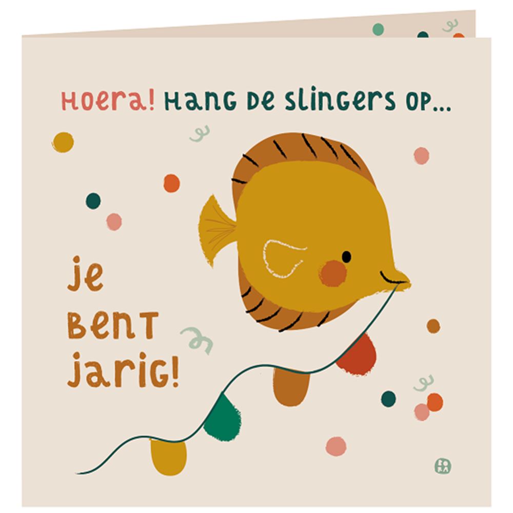 Zee verjaardagskaart+envelop. slingers o