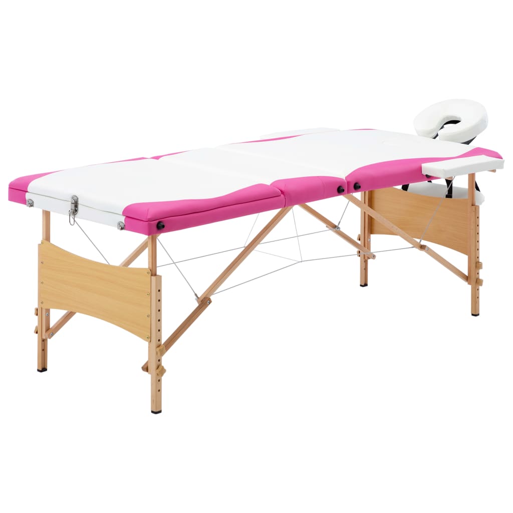 Vidaxl massagetafel inklapbaar 3 zones hout wit en roze