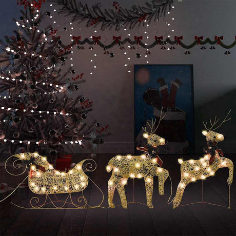 VidaXL Weihnachtsdekoration Rentier und Schlitten 60 LEDs goldfarben