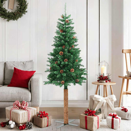 Vidaxx Weihnachtsbaum mit Echtholz und Tannenzapfen schmal 150 cm PVC Grün