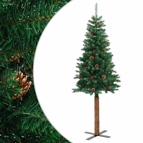Vidaxl kerstboom met echt hout en dennenappels smal 210 cm pvc groen