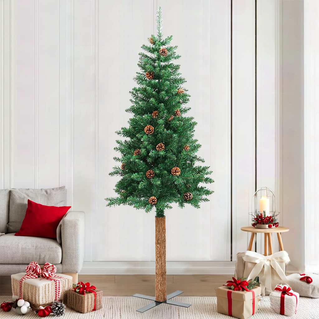Vidaxl kerstboom met echt hout en dennenappels smal 210 cm pvc groen