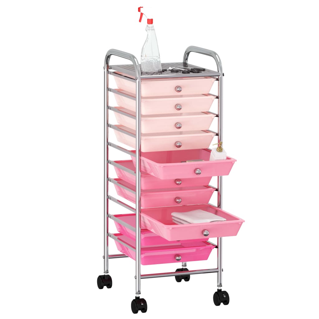 Vidaxl Storage trolley with 10 drawers mobile plastic ombre pink