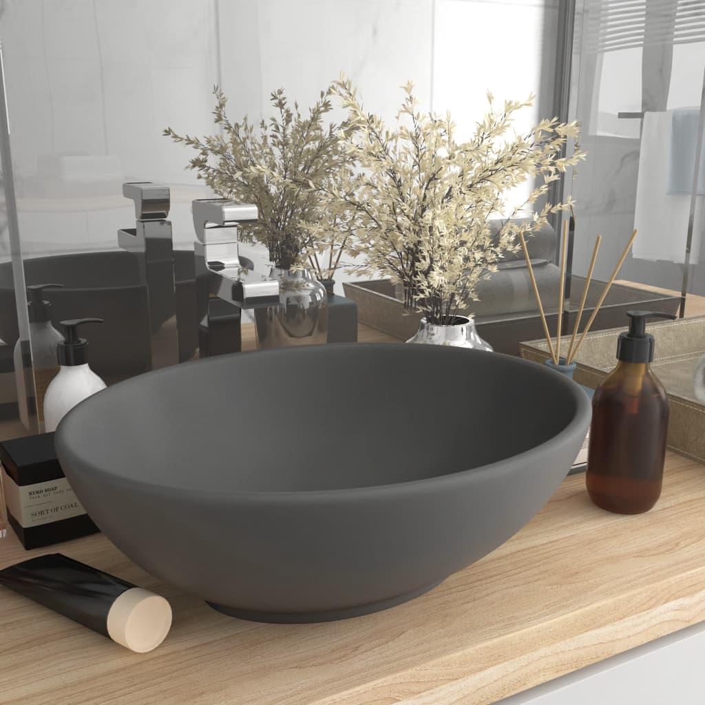 VIDAXL WASHBAIN OVAL 40x33 cm Keramik Matt Dunkelgrau