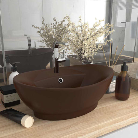 Vidaxl -Waschbecken mit Landung oval 58,5 x 39 cm Keramik Matt Dunkelbraun
