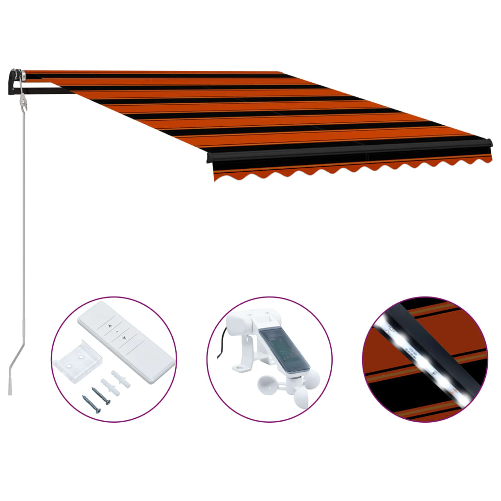 Vidaxl Luifel extensible avec le capteur de vent LED 350x250 cm Brun orange