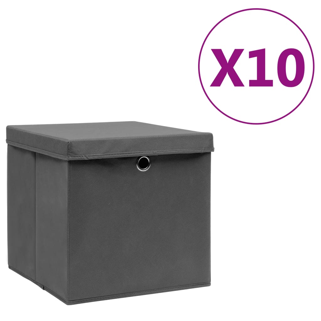 Boîtes de stockage Vidaxl avec couvercle 10 PCS 28x28x28 cm Gray