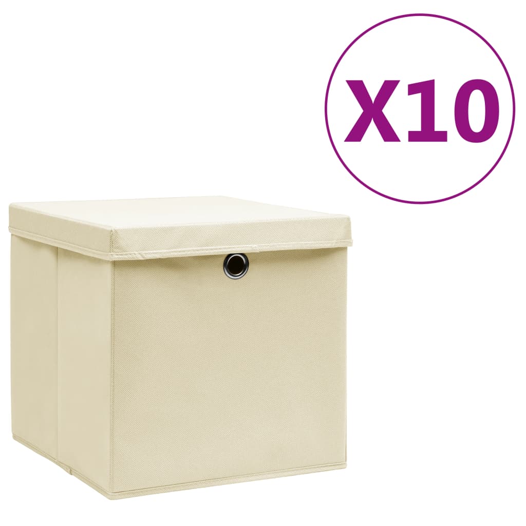 Vidaxl opbergboxen met deksel 10 st 28x28x28 cm crèmekleurig