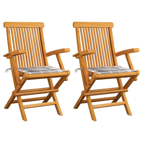 Vidaxl tuinstoelen 2 st met grijs geruite kussens massief teakhout