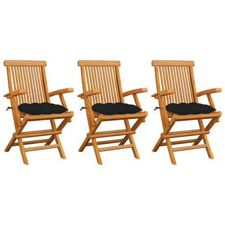 Vidaxl tuinstoelen 3 st met zwarte kussens massief teakhout