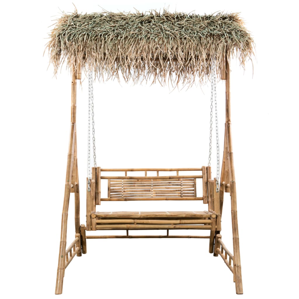 VidaXL Swing bench 2-seater with palm leaves and cushion 202 cm bamboo