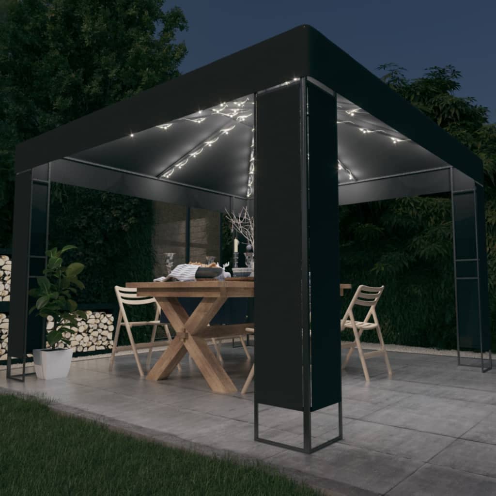 Arbor vidaxl avec toit double et guirlande légère à LED 3x3 m couleur anthracite