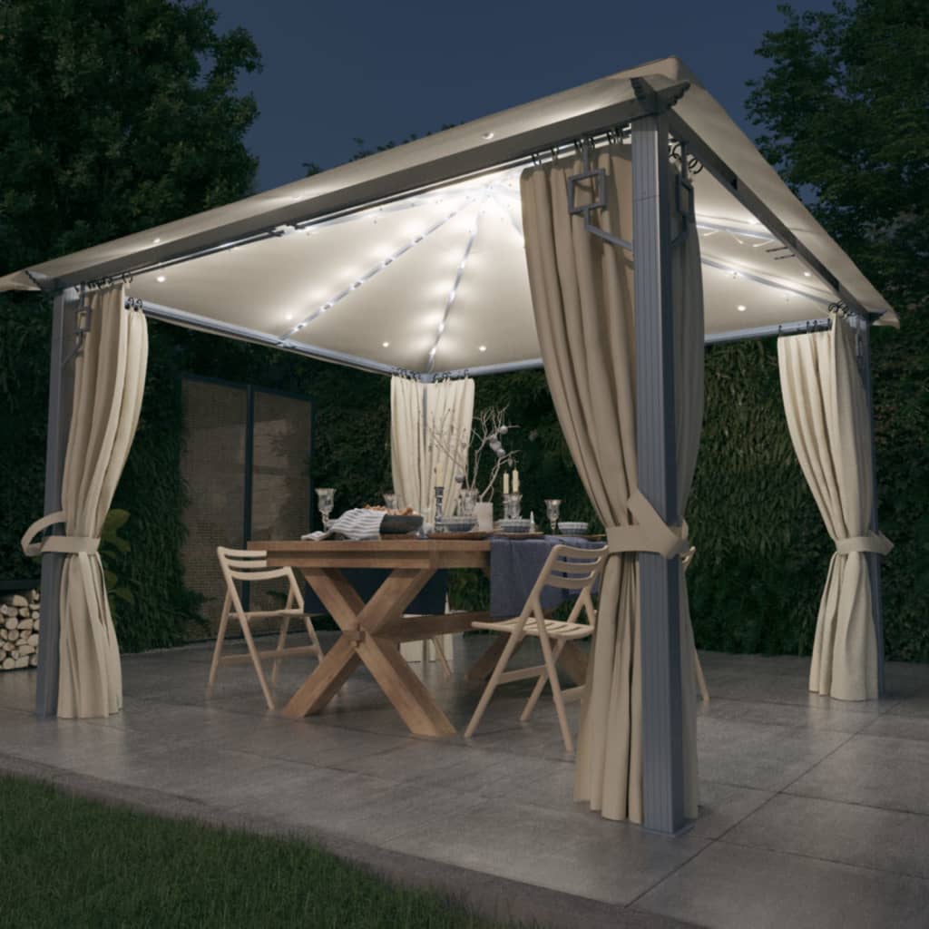 Vidaxl Arbor med gardin og LED -lys krans 3x3 m aluminiumskrem