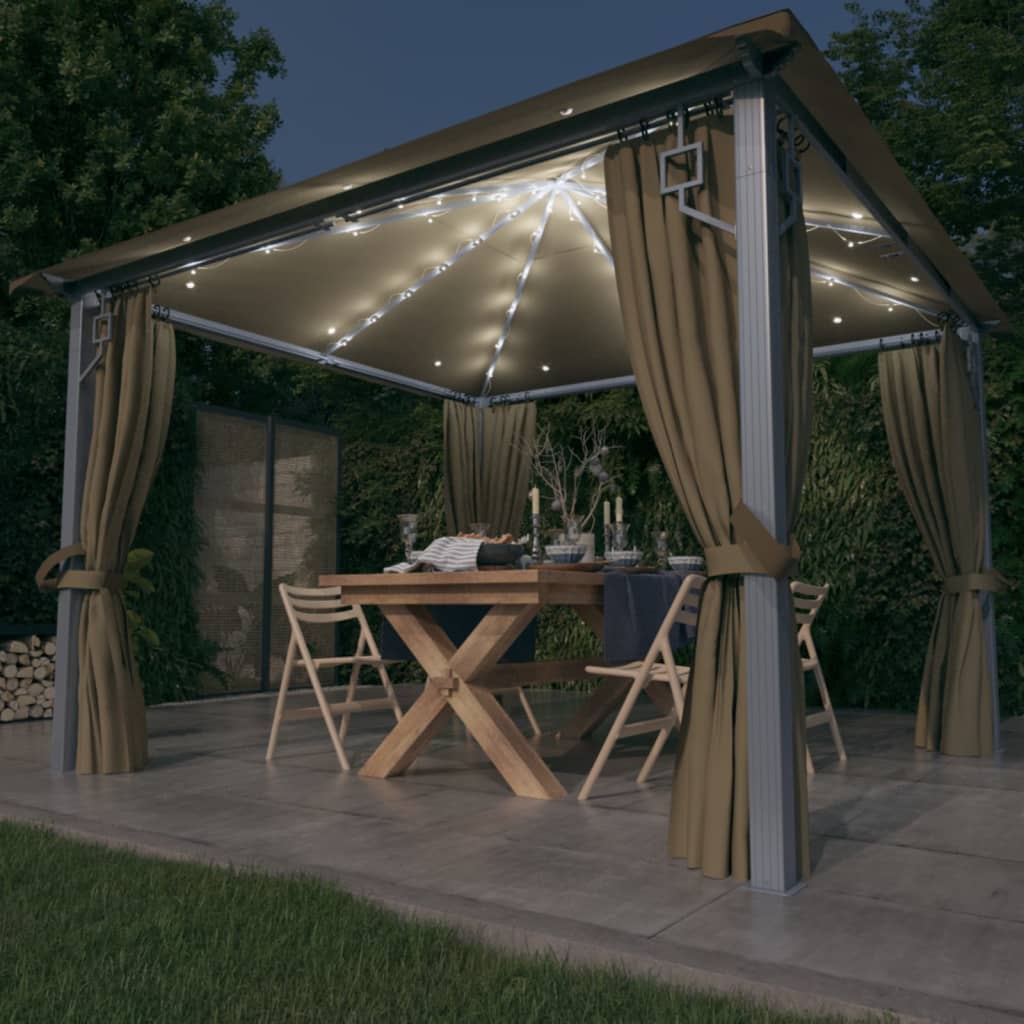 Vidaxl Arbor med gardin og LED -lys Garland 3x3 M Aluminium Taupe