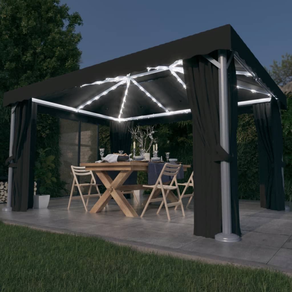 Vidaxl arbor with curtain and LED light garland 4x3 m anthracite colored