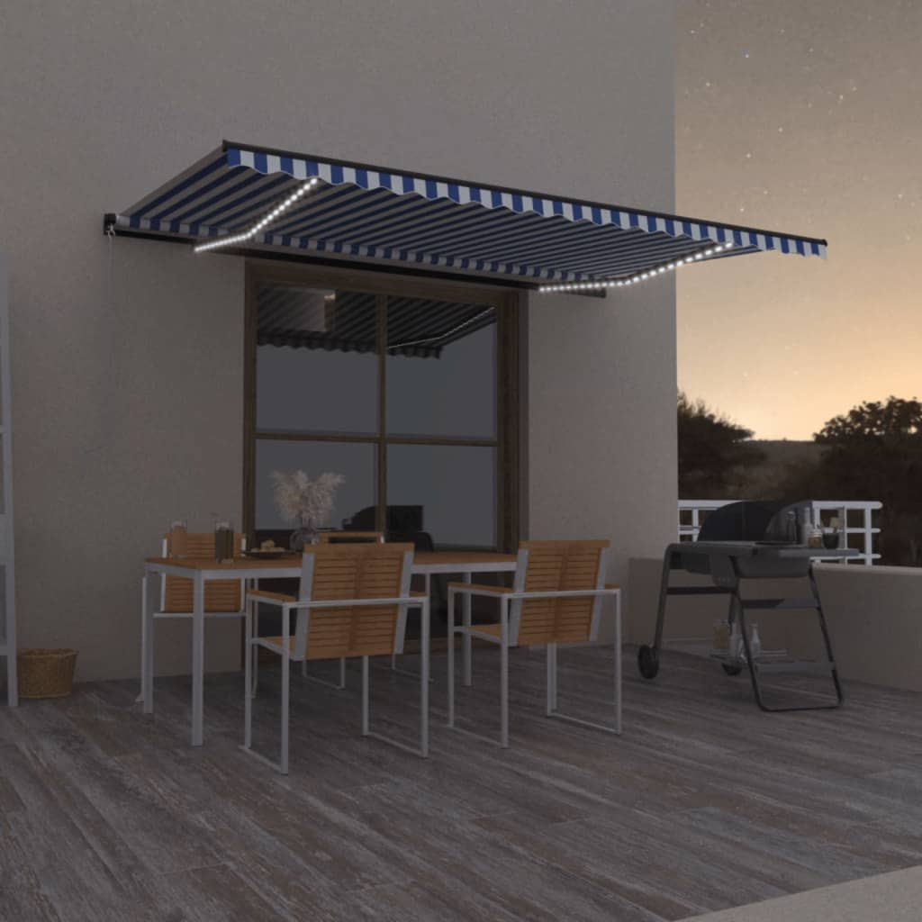 Vidaxl Luifel manuell ausziehbar mit LED 500x350 cm blau und weiß