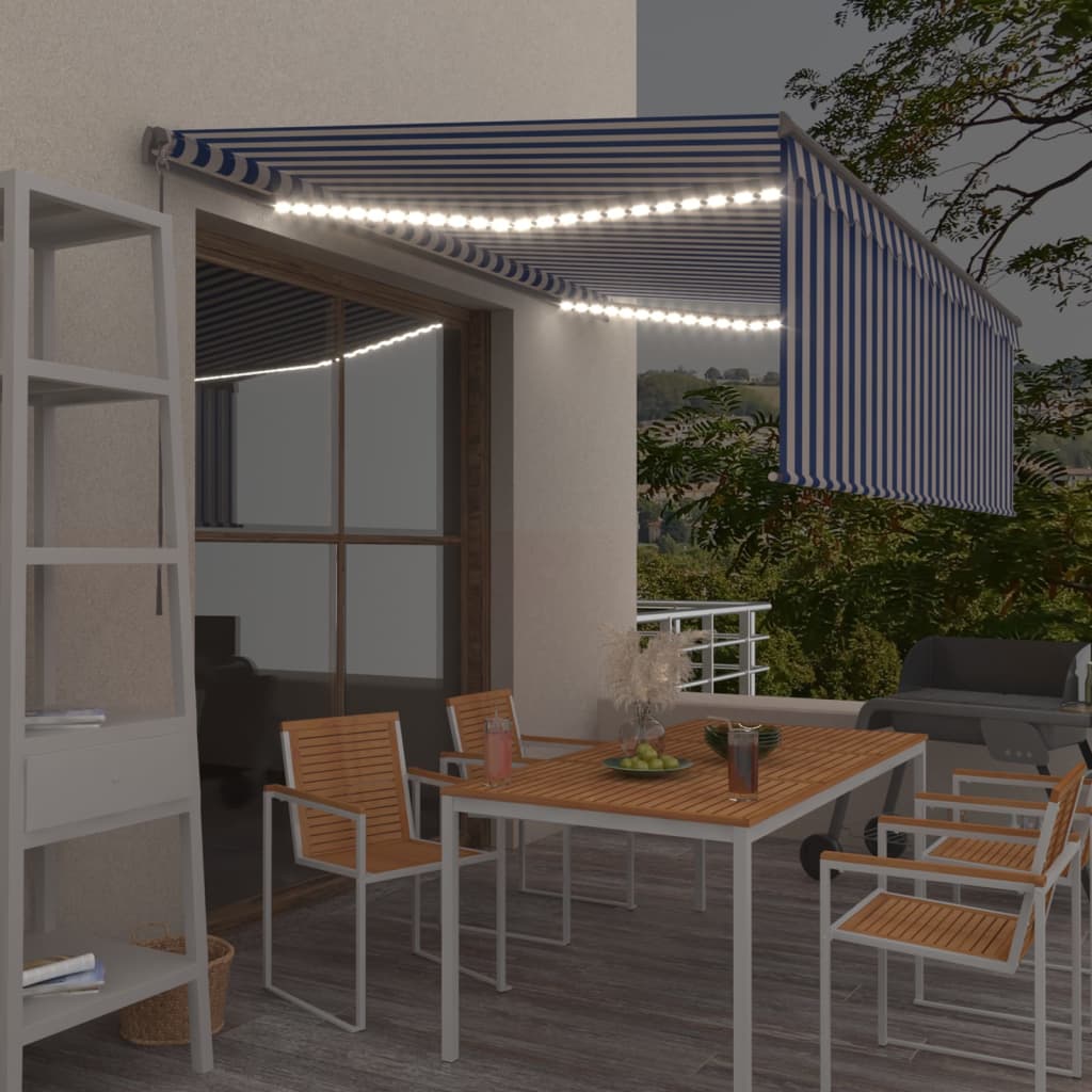 Vidaxl luifel manuell ausziehbare Roller Blind LED 4,5 x 3 m blau weiß