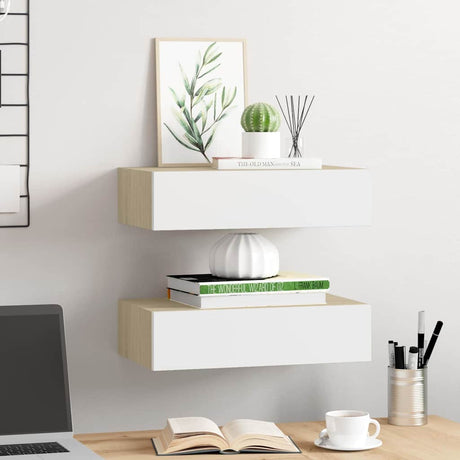 Vidaxl wandschappen 2 st met lade 40x23,5x10 cm mdf eikenkleur en wit