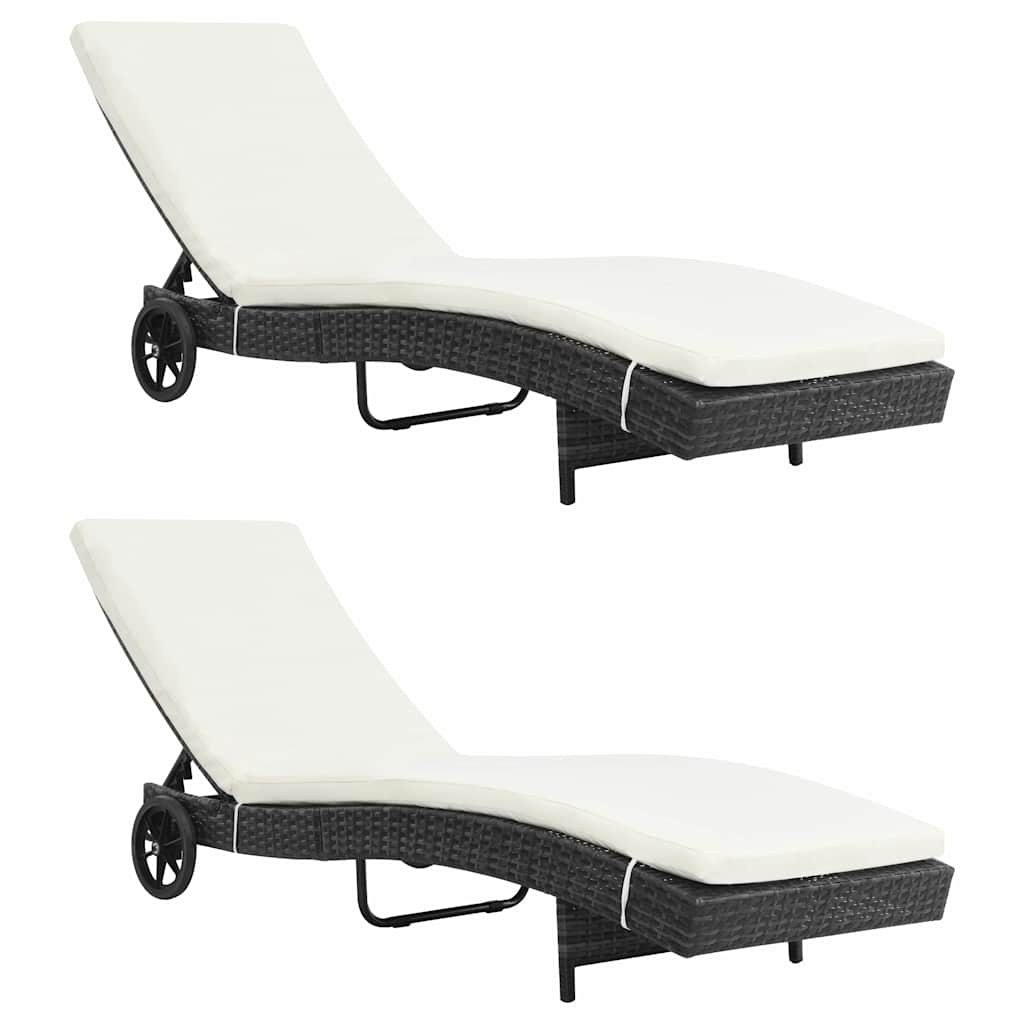 Vidaxl ligbedden 2 st met wielen en kussens poly rattan zwart