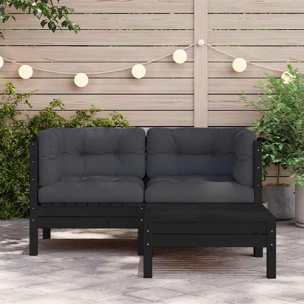 Vidaxl 3-delige loungeset met kussens massief grenenhout zwart