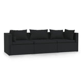 Vidaxl driezitsbank met kussens poly rattan zwart