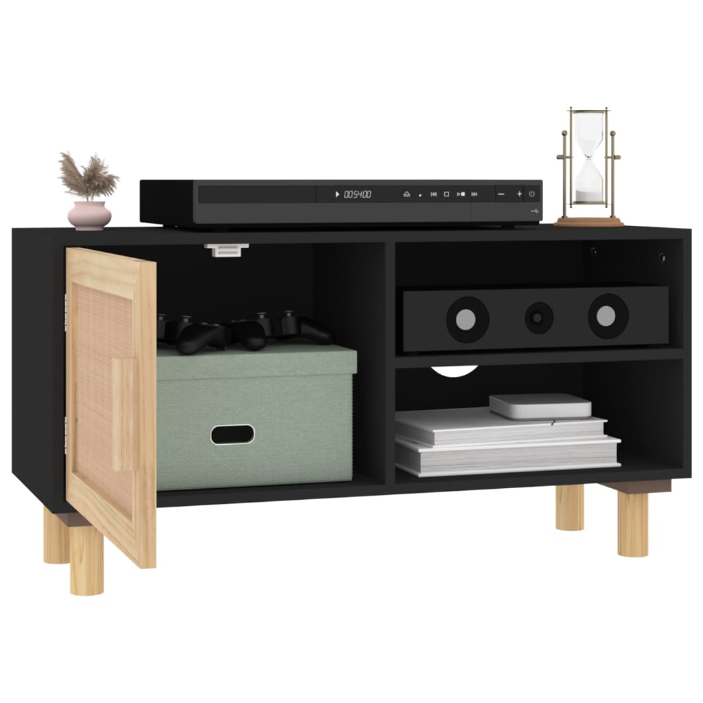 Vidaxl tv-meubel 80x30x40 cm massief grenenhout en rattan zwart